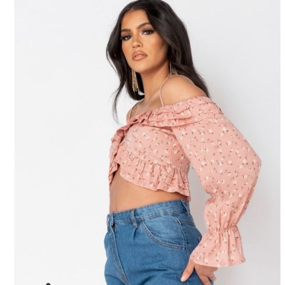 Pink Floral Print Long Sleeve Cold Shoulder Ruffle Crop Top - Picture 14 of 16